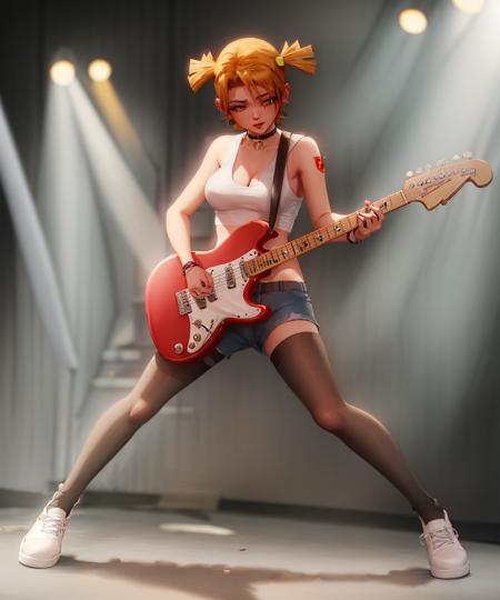 AliceDV, 1girl, instrument, solo, punk clothes, guitar, shorts, twintails, orange hair, short twintails, electric guitar, full body, short hair, shoes, black pantyhose, on stage, dynamic pose, breasts, sleeveless, tank top, hair ornament, legwear under shorts, cleavage, short shorts, lips, sneakers, black chocker