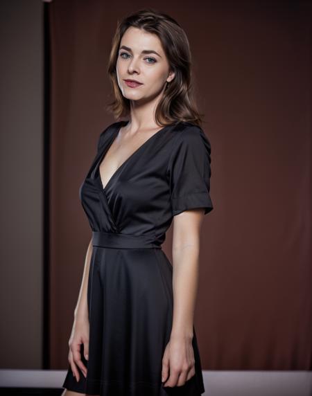 stunning waist-up photoshoot of (sprv woman:1.0)  <lora:stephanie_romanovDogu_sprv woman:1>  amused, wearing (black dress:1.1) (big blown back brown hair:1.1) realistic, soft lighting, professional Photography, Photorealistic, detailed, RAW, analog, sharp focus, 8k, HD, high quality, masterpiece,  simple background