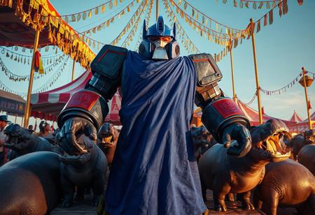 A Giant Grinder Gimmick Puppet from Transformers G1, in a carnival setting with hippos, stands at 1.78 meters, wearing a blue robe. Depict in a symmetrical full-body rendering, incorporating elements of communism, tyranny, and grime. Also, include Adularia, Countach, and grimdark-unmasked. Apply scumble technique, and remove the idol. Create in 4K, using Octane Render and Unreal Engine 5, with dynamic poses and vivid emotions. Ensure high-resolution, archival quality image, with sharp lines, stunning colors, and captivating lighting. Present on Artstation, CGSociety, Behance, and Pinterest, aiming for realism, with a joyful impact and powerful message. Incorporate golden ratio, and consider landscape photography with intricate golden filigree.