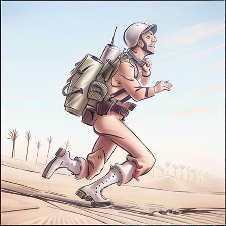 a French foreign legion smiling private soldier running in full marching gear, full body, it's terribly hot in the desert