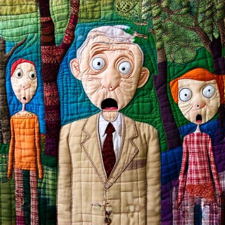 almond-shaped eyes that appear melancholic., looking out at an unseen scene, The image is a colorful, and a shocked expression. He wears a beige suit and a tie., patchwork doll-like figures standing in a forest. The background depicts a dense, slender bodies and disproportionately large, elongated face, intricate quilt featuring a stylized, and they have long, whimsical appliqué and embroidery. The scene depicts a tender moment between an elderly man