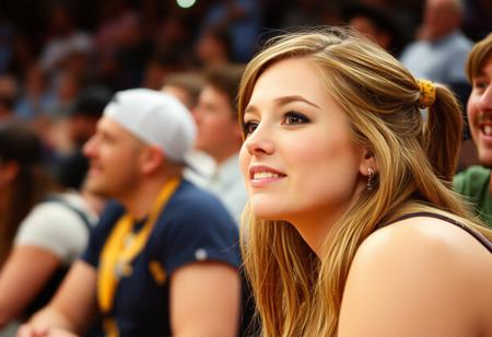 Authentic share, distant amateur quality phone photo in bad resolution of a stunningly beautiful fan at a basketball game The image is slightly grainy and out of focus, with visible noise, emphasizing its candid and impromptu nature captured in a spontaneous moment with imperfect lighting that adds to the overall charm of the snapshot.