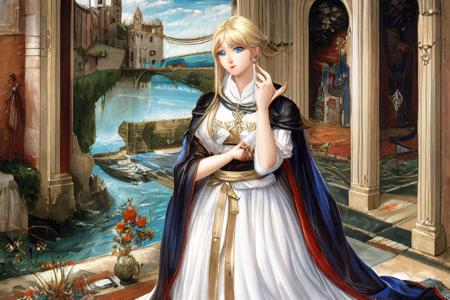 at historical castle; solo, waifu with blonde hair, blue eyes, white dress and black cape; exceptional, best aesthetic, new, newest, anime, masterpiece, best quality, ultra detailed; correct anatomy, golden ratio, perspective; painting by John William Waterhouse