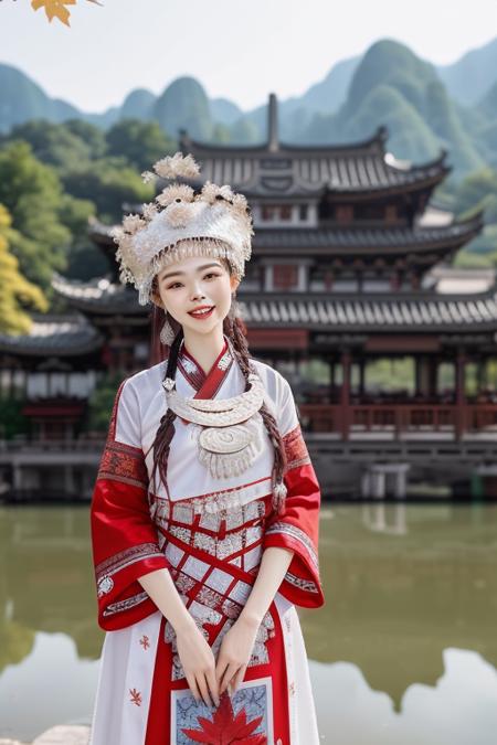 (karst topography),Taoist temple,(blurry foreground:1.5),(white hanfu girl:2,),looking at viewer, light smile,day,((maple leaves)),Taoist temple,river valley,
hdr, photorealism, masterpiece quality, best quality, pureerosface_v1, ulzzang-6500-v1.1  <lora:miaoHong:0.8>