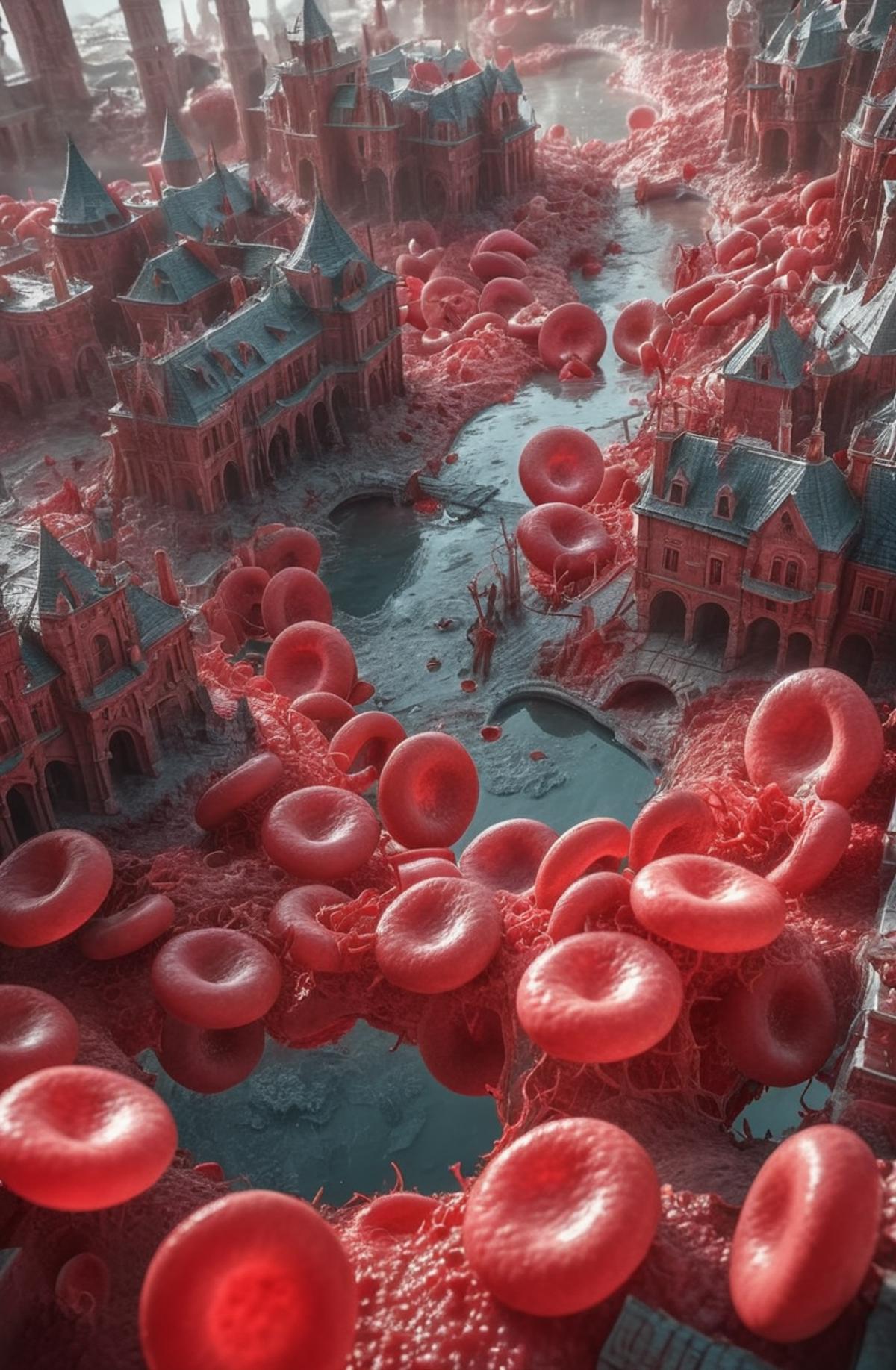 A red and white 3D model of a city with a pink river running through it, filled with red blood cells.