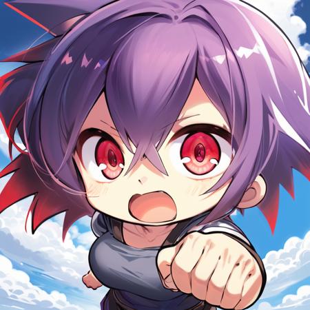 (masterpieces, best quality, illustration, extremely detailed CG wallpaper, ultra-detailed) , (beautiful detailed eyes), 1girl shaking her fist at the viewer, solo focus, long purple hair, red eyes, spiky hair, angry, chibi, blue sky, white clouds, cute, pixiv, breasts  <lora:komowata_haruka_counterfeitxlb_1-05:0.6>