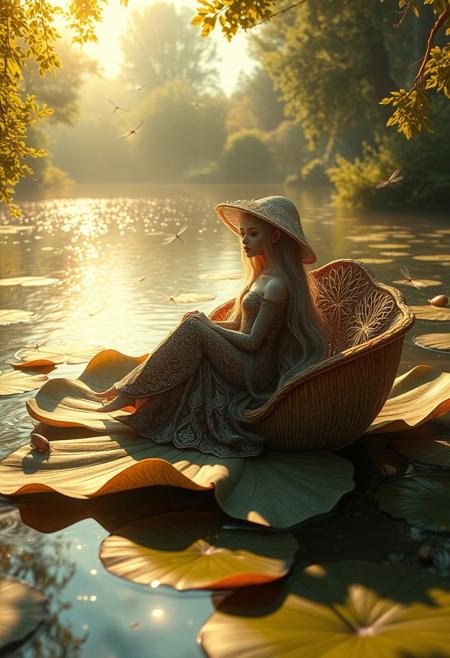 A melancholic, fairy-like mushroom creature with long, flowing hair and a beautifully intricate gown sits on a large, delicate lily pad. She rests on a sofa made of intricately woven leaves, gazing wistfully into the distance. Time seems to slow around her, as the golden sunlight filters through the trees and reflects off the sparkling lake water. Dragonflies and small insects lazily circle around her, creating a serene yet melancholic atmosphere. The scene is bathed in warm, gentle light, as the tranquil lake shimmers under the soft afternoon sun, emphasizing her pensive mood.