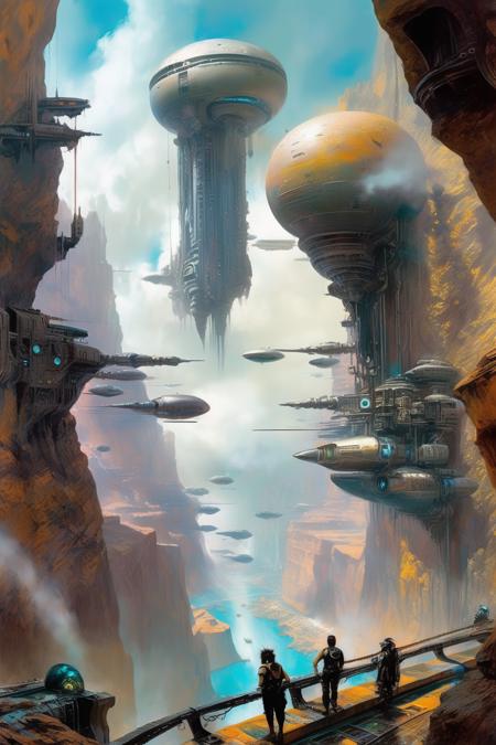 <lora:Stephan Martiniere Style:1>Stephan Martiniere Style - painting of a cyberpunk city in the far future built on the lip of a vast rocky canyon, starships landing in clouds of steam, oil painting illustration