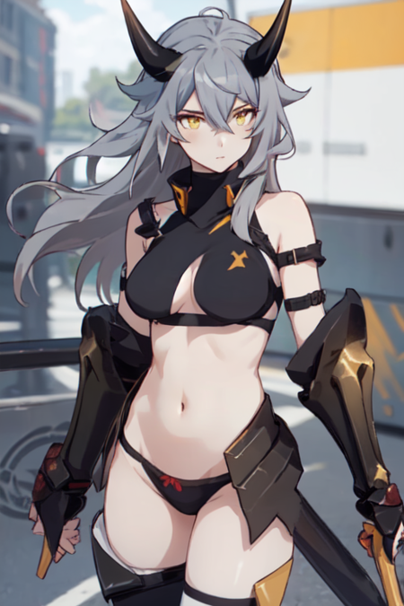 JunNinjaHonkai, 1girl, solo, yellow eyes, long hair, grey hair, hair between eyes, medium breasts, thighhighs, black panties, navel, horns, grey hair, armor, midriff, gauntlets, bare shoulders, 