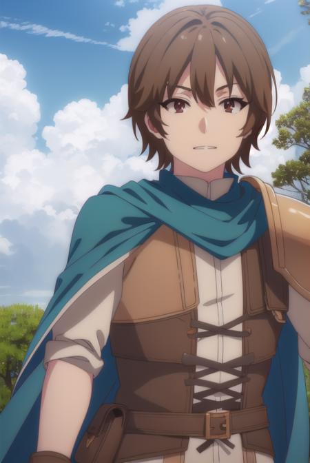 keyaru, <lora:keyaru s1-lora-nochekaiser:1>,
keyaru, short hair, (brown eyes:1.5), brown hair, male focus, smile, grin,
BREAK cape, armor,
BREAK outdoors, forest, nature, grass, trees, sun, sky, clouds,
BREAK looking at viewer, (cowboy shot:1.5),
BREAK <lyco:GoodHands-beta2:1>, (masterpiece:1.2), best quality, high resolution, unity 8k wallpaper, (illustration:0.8), (beautiful detailed eyes:1.6), extremely detailed face, perfect lighting, extremely detailed CG, (perfect hands, perfect anatomy),