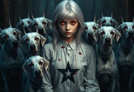 Photograph of a pale girl with white hair and blood splattered on her white blouse stares at the viewer with a haunting gaze. Her blouse has a black motive of a 5 point star in her chest. Her eyes glow in red. She is surrounded by 12 white dobermans with glowing red eyes. Each doberman has glowing red eyes and wears a tag with a unique name on its chest. The scene is set in a dark swamp. Refracted light, subsurface scattering, caustic lighting