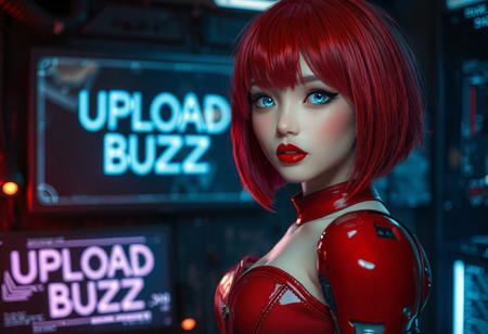 Prompt: score_9, score_8_up, score_7_up, photorealistic, cyberpunk style:0.8, (masterpiece), best quality, 1woman, 21 year old woman, cybernetic woman, (standing on right side of photo, pale white skin, human body, cybernetic arms:0.9, solo, cute round face:0.9, realistic smooth pale white skin:0.9, highly detailed cybernetic blue eyes that glow faintly:0.9,  full pouty lips, parted lips:0.7, glossy red lipstick:0.8, bright red hair:0.9, chin length asymmetrical bob haircut with bangs, slightly tousled hair, hair falling over part of her face covering one eye, red corset:1.2, medium round breasts, cleavage, collarbone, bangs, looking_at_viewer, shoulders at an angle to viewer in classic portrait pose, dark futuristic interior background, neon and LED details in background, inside sci-fi looking apartment, large
 translucent computer monitor has words “UPLOAD BUZZ”:1.5, 
EyesHD, gradient lips:0.9, glossy lips, shimmery eyeshadow:1.2, mascara, winged eyeliner, shimmering eyeshadow, realistic