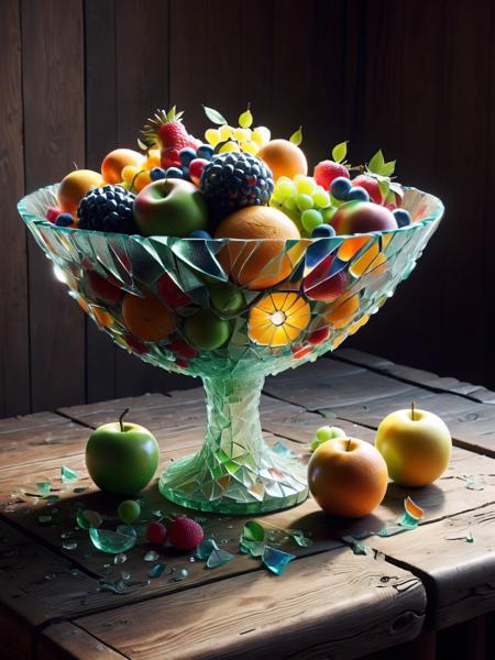 A photo of ais-bkglass fruit in a bowl, where each piece of fruit and the bowl itself are made of ais-bkglass, creating a striking contrast on an old wooden table. <lora:Broken_Glass_Style_SDXL:1>