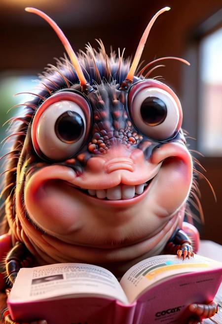 FLUX.1 cinematic style, ral-drp very cute and kawaii pink cockroach wearing eyeglasses while reading a book and sipping coffee in a cafe, instagram photo,