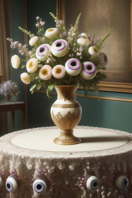 realistic photo, bouquet of flowers made of eyeballs, colorful flowers made of eyes, in a beautiful old vase in the middle of a table.
