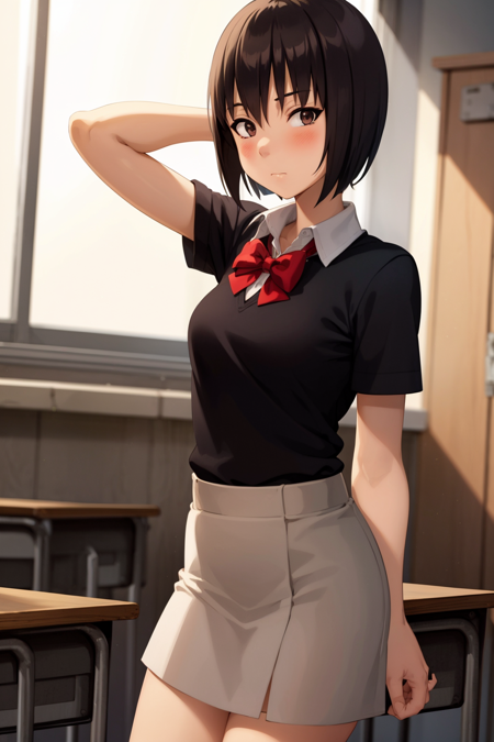 masterpiece, best quality, 1girl, arm behind head, arm up, bangs, black hair, blush, red bowtie, closed mouth, collared shirt, school uniform, short hair, indoors, looking at viewer, school desk, classroom background  <lora:WakfuStyle:1>