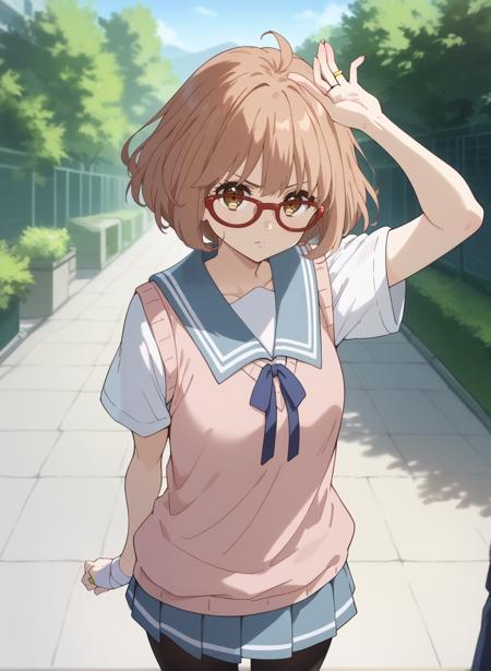 kuriyama_mirai, brown hair, brown eyes, short hair, glasses, bob cut, ahoge,idol,black thighhighs,bow,bowtie,gloves,hat,hair bow,headset,high heels,pink dress,pink shirt,pink skirt,puffy short sleeves,puffy sleeves,red bow,red gloves,red-framed eyewear,ribbon,ring,frilled skirt,black vest kuriyama_mirai, brown hair, brown eyes, short hair, glasses, bob cut, ahoge,school uniform,long sleeves,black pantyhose,cardigan,grey skirt,neck ribbon,pleated skirt,red-framed eyewear,ribbon,sailor collar,ring,serafuku,shoes,bandages kuriyama_mirai, brown hair, brown eyes, short hair, glasses, bob cut, ahoge,school uniform,long sleeves,black pantyhose,grey skirt,neck ribbon,pleated skirt,red-framed eyewear,ribbon,sailor collar,ring,serafuku,shoes,bandages,white shirt,sweater vest kuriyama_mirai, brown hair, brown eyes, short hair, glasses, bob cut, ahoge,school uniform,short sleeves,black pantyhose,blue sailor collar,blue skirt,neck ribbon,pleated skirt,red-framed eyewear,ribbon,sailor collar,ring,serafuku,shoes,bandages,white shirt,sweater vest