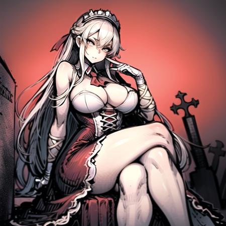 highly detailed, 8k, masterpiece, 1girl, dress, unfastened, Red absurdly long hair, low_tied_hair, , bouncing_breasts, (perfect_face),( detailed_background:1.2), full_body, colorized, from below, crossed legs, (graveyard:1.2) <lora:MotomurabitoV1:0.55>