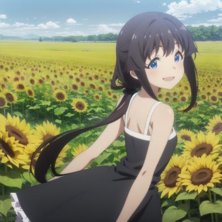 <lora:FruitTart:1> anime coloring, solo, 1girl, blue eyes, very long dark blue hair, smile, dress, sleeveless dress, sunflower field, picnic, from behind, looking back,  smile, low ponytail