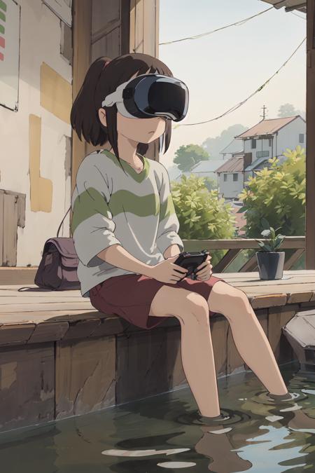 masterpiece, best quality, ultra-detailed,  sitting water side,
1girl, Chihiro Ogino,holding a joystick, playing video game,
ghibli style ,wearing VR headset,wearing Apple Vision Pro
<lora:ghibli_style_offset:0.55>  <lora:vision_pro_v1:0.6> <lora:chihiroOgino_v11:1>