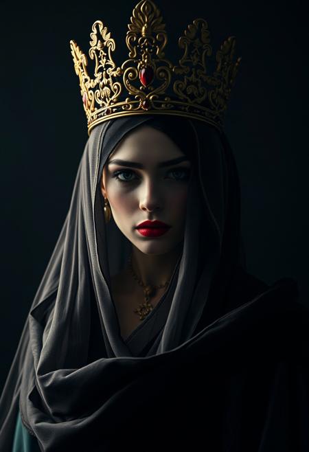 In this captivating dark fantasy portrait, a mysterious veiled queen stands proudly, exuding an aura of power and silent command. Her face, partially obscured by an enigmatic veil, is shrouded in shadow and intrigue. The queen's ornate crown, adorned with striking crimson details, contrasts against the deep teal and black color palette. The low-key lighting creates a dramatic atmosphere, with shadows adding depth to the exquisite textures of her regal attire. The background is dark and mysterious, heightening the sense of secrecy and allure. The cinematic style, achieved through a shallow depth of field and high ISO for grain, combined with a 85mm lens, captures the queen's regal presence in a realistic yet dreamlike manner., dark fantasy, anime