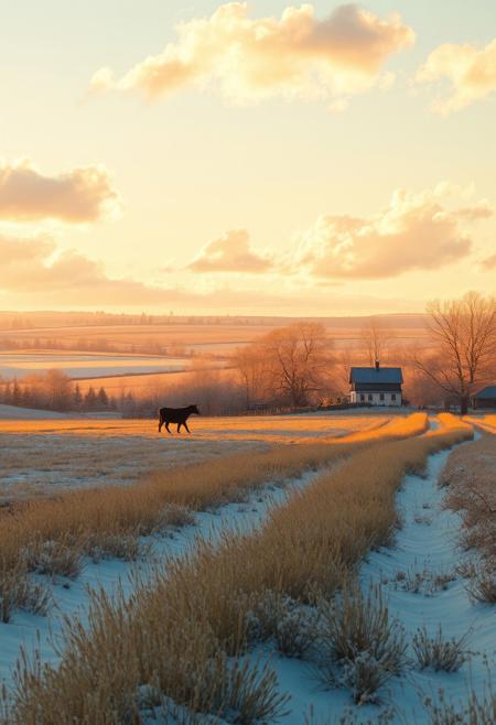 A peaceful nordic winter countryside scene bathed in the warm glow of golden hour, where soft light transforms the landscape into a tranquil haven. Gentle palette captures the serenity of the moment, infusing the fields and sky with harmonious hues. Dreamlike quality adds an ethereal touch, blurring the lines between reality and imagination as clouds drift lazily overhead. Meanwhile, Boris Vallejo’s fantastical elements introduce a sense of wonder, perhaps featuring whimsical creatures or enchanting flora that invite the viewer to explore this idyllic setting. Together, these artistic styles create a serene composition that celebrates the beauty and magic of rural life, evoking a feeling of peace and contentment.
 (8k uhd:1,4), max details, midjourneyv6.1