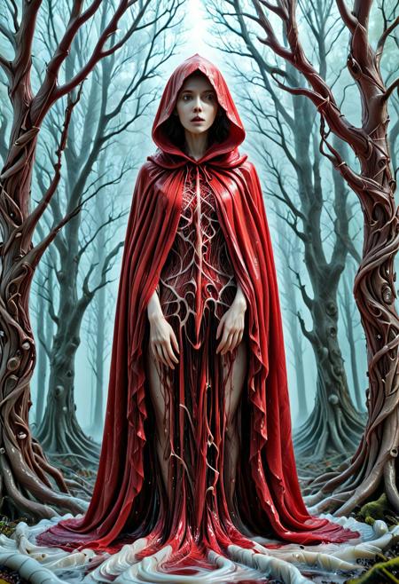 Crimson Echo: The Girl in the Vein-Forest,
a young figure cloaked in a fluid red mantle, fabric trailing behind like a living artery, forest surrounding her composed of tangled limbs and gnarled trees whispering secrets in voices she once knew, basket filled with objects morphing between teeth, broken clocks, and blinking eyes, her path folding endlessly inward, liquid marble aesthetic, best_quality, masterpiece, absurdres, highres, subject_focus, depth_of_field, very_detailed, extremely_detailed, ultra_detailed, sharp_focus, intricate detail, horror (theme), psychological terror motif, eldritch fairytale surrealism, long shadow composition,
mobe-cedeen