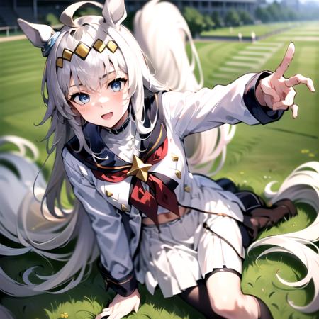 masterpiece, 8k wallpaper, best quality, 1girl, OguriCap, <lora:OguriCap>, looking at the viewer, smile, grass, open mouth, blush, tail, white outfit, black stocking,