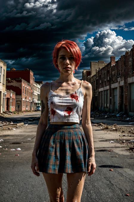 detailed, high quality, 1woman, mature, short pink hair, perfect hand, bleeding, white camisole, blue plaid skirt, clouds, gloomy abandoned street, post-apoc <lora:blood:-0.2> <lora:hairdetailer:0.7> <lora:ApocalypseEngine2:0.4> <lora:abandoned_style:0.4> <lora:DetailTweakerLora:0>  <lora:Hand v3 SD1.5:0.8>