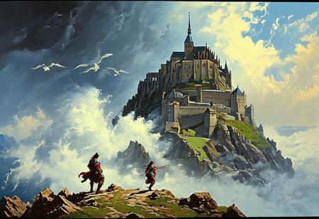 Transposition of Mont Saint Michel in the Alps. Their forms shifting and twisting with the wind. They play among the clouds, a ballet of gusts and breezes, embodying the freedom of the open air., 
in the style of a frank frazetta oil painting mixed with world of warcraft
, in the style of an old 80's VHS dark fantasy, VHS screen grab, grainy, old footage