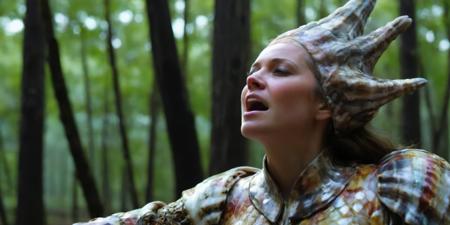 A (painting:1.4) of A female conjurer standing in a clearing in a dark wood casting a complex magical spell, concentrated facial expressions, eyes partly closed, wearing Metallic Gray robes made of colorful and patterned rk-shells