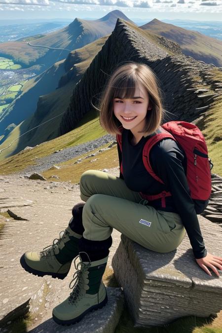 ((raw photo)),
Evie 22 years old, beautiful face, fashion model face, flashing big perfectly shaped boobs, hiking jacket, black tee, cargo pants, ((walking boots)), blonde hair, messy bob cut, bangs, green eyes, close up, tanned skin, full body shot, shy smile, sitting on rock high on mount Snowdon.