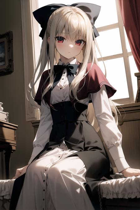 (masterpiece, best quality,highres,extremely detailed),sioneden,1girl, solo, hair bow,bowtie, red capelet,long dress,expressionless,indoors,Traditional European style architecture,