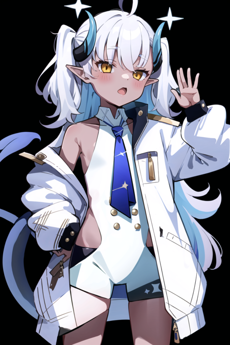 <lora:Sumomo:0.8>, sumomo, 1girl, solo, long hair, simple background, yellow eyes, white hair, horns, pointy ears, dark skin, halo, white jacket, black background, demon tail, blue necktie, yawning, waving, looking at viewer