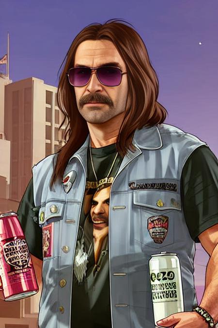 gtav style,30 years old man ozzakcs1 holding can of beer,long hair,hippie,wearing pink glasses,on beach at night,highly detailed background <lora:ozzakCs1v1:0.56>