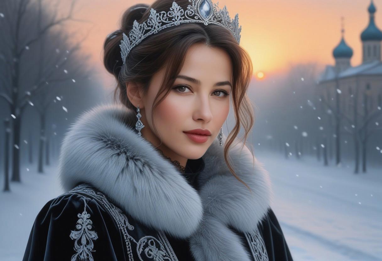 portrait, 
Russian elegant fashionista Sophie Marceau-Snow Maiden in Gothic style, 
Slavic appearance, 
defiant and arrogant facial expression, 
light smile, 
slightly tanned skin, 
flowing hair gathered in a complex bun, 
thick snow falls, 
sunset, 
with transparent smoke, 
effectively, 
elegantly, 
radiance, 
seductive, 
watercolor, 
drawing, 
pixel work, 
high detail, 
gothic, 
atmospheric, 
realistic, 
high quality, 
work of art, 
brilliance, 
hyperdetalization, 
professionally, 
filigree, 
mysticism, 
misty haze, 
superdetalization, 
hyperrealism, 
professionally thought out details, 
pastel tones, 
filigree, 
portrait, 
octane, 
sensuality, 
high resolution, 
high detail, 
real photography, 
rich, 
advantageous angle, 
elegance, 
aesthetics, 
high quality, 
professional photography, 
hyperrealism, 
Seva Slavynin has created a truly remarkable work of art, 
a real masterpiece