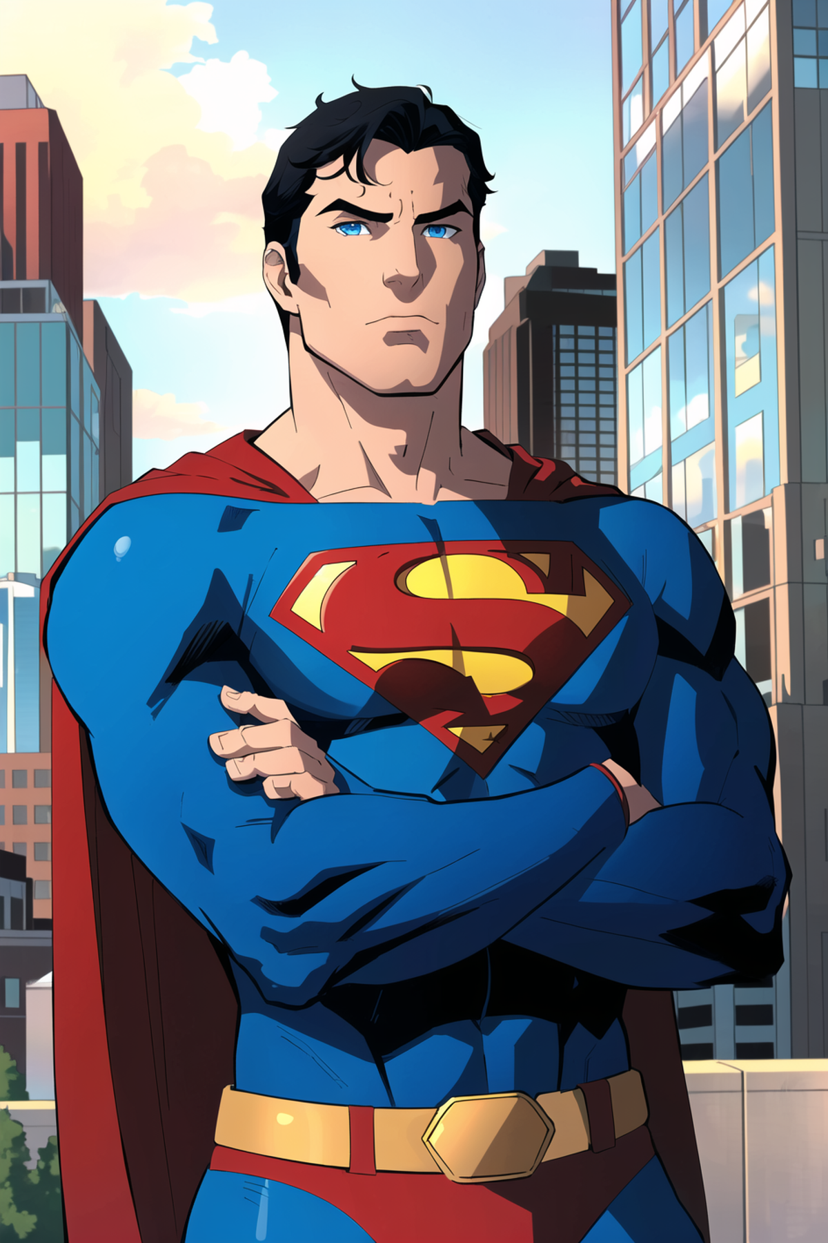A blue and red Superman cartoon standing with his arms crossed.