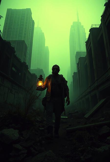 A lone wanderer in tattered clothing and a re-purposed gas mask traverses a desolate, overgrown cityscape. The figure carries a salvaged backpack and holds a flickering oil lamp, casting long shadows through the crumbling concrete ruins. A dense, green fog hangs in the air, obscuring the decaying skyscrapers in the distance. The scene is dominated by muted greens and browns, with a sickly yellow sky barely visible through the haze. Low-angle, cinematic photography with a 16:9 aspect ratio, utilizing a grainy film stock aesthetic, deep shadows, and muted color grading. added film grain and noise.