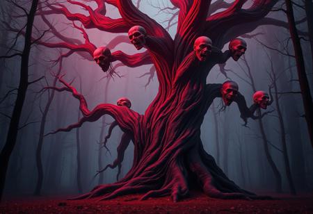 Masterpiece, best quality, highres, 8K, HDR, absurdres, dramatic lighting, twilight setting, subtle red hue, eerie atmosphere. Deep in the heart of a forsaken forest stands a monstrous tree, grotesque yet majestic, isolated by fear itself. The gnarled trunk twists skyward, bark dark as dried blood, with veins like exposed roots pulsing faintly beneath its surface. From its limbs sprout not leaves, but malformed human heads some peaceful, some in agony, others locked in silent screams as if born from the wood, not placed there. Their flesh is bark-woven, eyes half-closed or milky, mouths frozen mid-whisper. The tree breathes with eerie stillness, as if feeding on secrets. No other plant dares grow nearby; even the moss recoils. Twisted shadows stretch long across the clearing, and the encircling woods lean away as if repelled. A dim, blood-red haze creeps through the misty air, subtle but omnipresent, tinting the twilight sky behind the tree like a wound slowly opening. It's not just a tree it's the heart of silence, the reason the forest holds its breath.