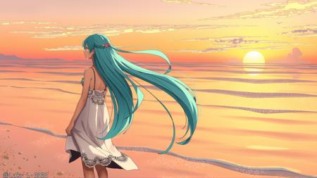 (a stunning anime illustration of a calm seashore at sunset with a serene young woman gazing over gentle waves), soft pastel sky blending into warm orange and pink hues, long flowing aquamarine hair swaying in a soft breeze, intricate lacework on a light summer dress, subtle glimmer on the waterâs surface, delicate sand textures, serene and peaceful mood, flux style, perfect wallpaper framing