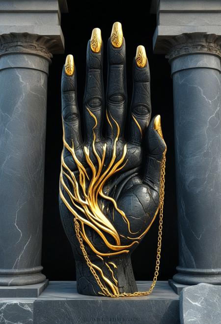 a massive classic Greek statue of a colossal stone hand emerging from the depths of the earth, sculpted from volcanic obsidian with golden veins pulsing like molten metal, intricate engravings of blacksmith tools and flames adorning the fingers, broken marble chains wrapped around the wrist, lightning crackling faintly between the fingers as if the hand still holds divine power, scattered bronze gears and ancient tools surrounding the base, mist swirling around, cinematic composition, ultra-HD sculpting, hyper-detailed engravings