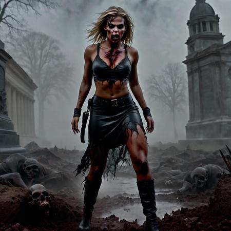 a female horror zombie, full portrait, zoomed out:.-0.20, fog, ground mist, action pose, tomb background, raw, masterpiece, hyper detailed, truly rough concept, extreme differences, intricate differences, size differences, hyper exquisite, extreme insanely realistic detailed and intricate, extreme quality, extreme best picture, extreme realistic detail, extreme photo realism, extremely super fine photo detail, hyper 1080P, extreme realistic 3D, extreme HD, extreme VFX, extreme SFX, extreme FKAA, extreme TXAA, extreme RTX, extreme SSAO,