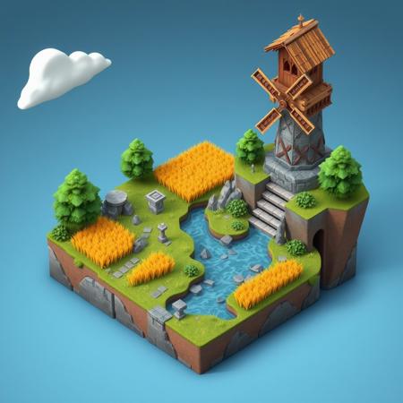 3D isometric mini world based on heroes of might and magic 3, homm3, river, watermill, wooden watch tower, wheat field, stone pathway, clouds