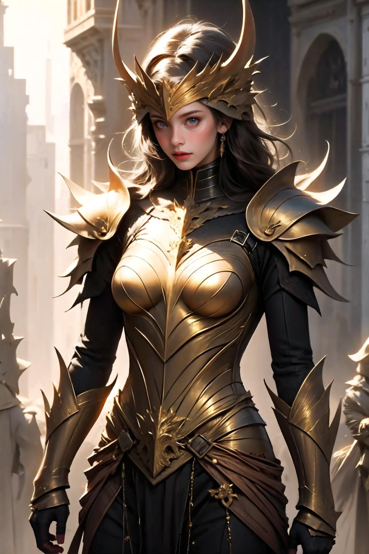 A beautifully drawn illustration of a woman wearing a gold armor and a helmet.