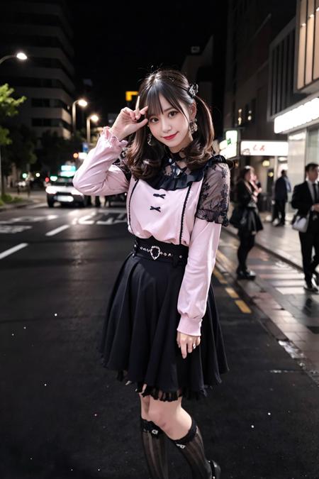 realistic, photorealistic, masterpiece, best quality, 1girl, solo, standing in street, night, looking at viewer, smile, jiraikei shirt, jiraikei skirt, black frilled socks,<lora:jiraikei_v1:0.7>,  <lora:JapaneseDollLikeness_v15:0.7>