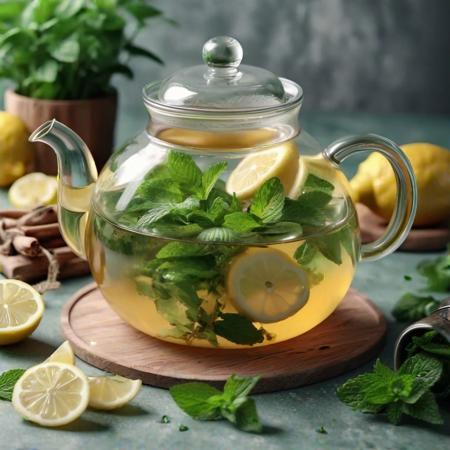 On the table there is a glass teapot in which tea is brewed with slices of lemon, ginger and mint, around the kettle there are slices of lemon, ginger root and bunches of mint.Realistic, bright, intense, professional