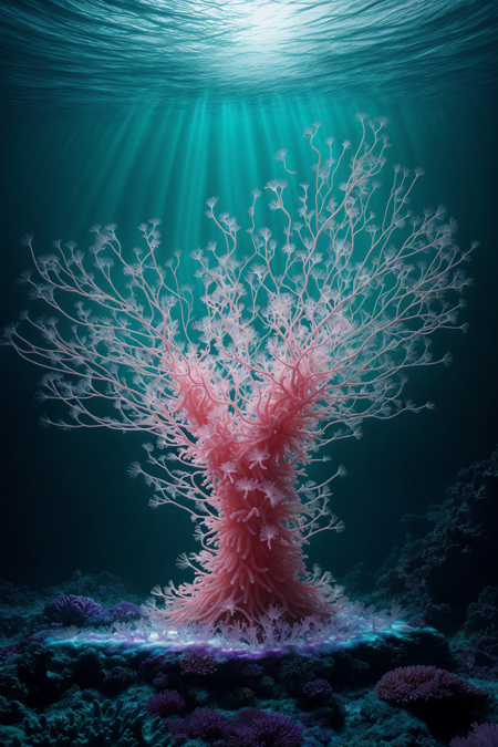 a Epic, stunning sea anemone glowing with tiny neon glass filaments, made of, tiny neon glass filaments, w0gf1l, in deep turquoise water, dark and mysterious ocean, neon effect illuminating the surrounding plankton, vibrant and radiant, ethereal underwater scene, zzCitronLegacy, 4k, detailed, cinematic lighting, bioluminescent glow, surreal and magical atmosphere., <lora:CiTron_Legacy_P1:1>, <lora:World_of_Glass_Filament:1>