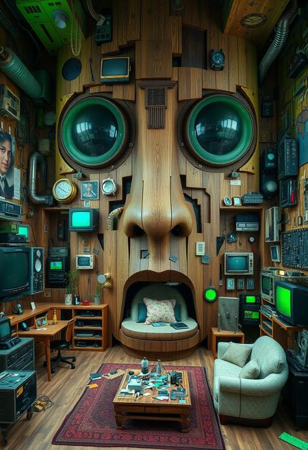 Create a complex, surreal interior where the walls and furniture integrate into a colossal, expressive face reminiscent of the Matrix. The face consists of eclectic, retro-futuristic electronics, disjointed wooden panels, and miscellaneous items that resemble facial features. Envision large, emotive eyes and an open mouth as if in mid-conversation, but with a glitchy, matrix-inspired aesthetic. Everything has a touch of green, like viewing through a computer terminal, with elements looking broken, under maintenance, or in the midst of repair. The ambiance is a blend of the familiar and the otherworldly, with a cyberpunk edge and intricate details