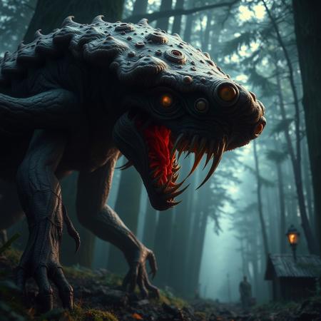 (masterpiece sci-fi dark gritty hyperrealisitic concept art 8k)  fungi animal creature zombie horror attacking a forest town, menacingly close up,   atmospheric lighting, dappled light forest