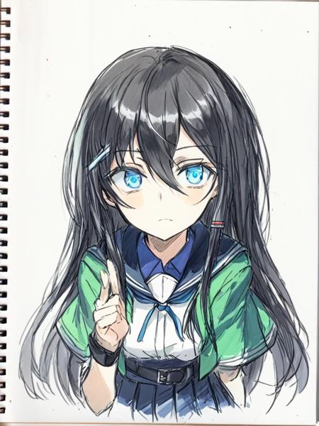 <lora:caogao:1>,sketch, long hair, blue eyes, black hair, hair ornament, hairclip, mature female, slanted eyes, narrow eyes,BREAK skirt, school uniform, jacket, pleated skirt, thigh strap, capelet, green jacket,BREAK looking at viewer,BREAK indoors, classroom,BREAK <lora:GoodHands-vanilla:1>, (masterpiece:1.2), best quality, high resolution, unity 8k wallpaper, (illustration:0.8), (beautiful detailed eyes:1.6), extremely detailed face, perfect lighting, extremely detailed CG, (perfect hands, perfect anatomy),